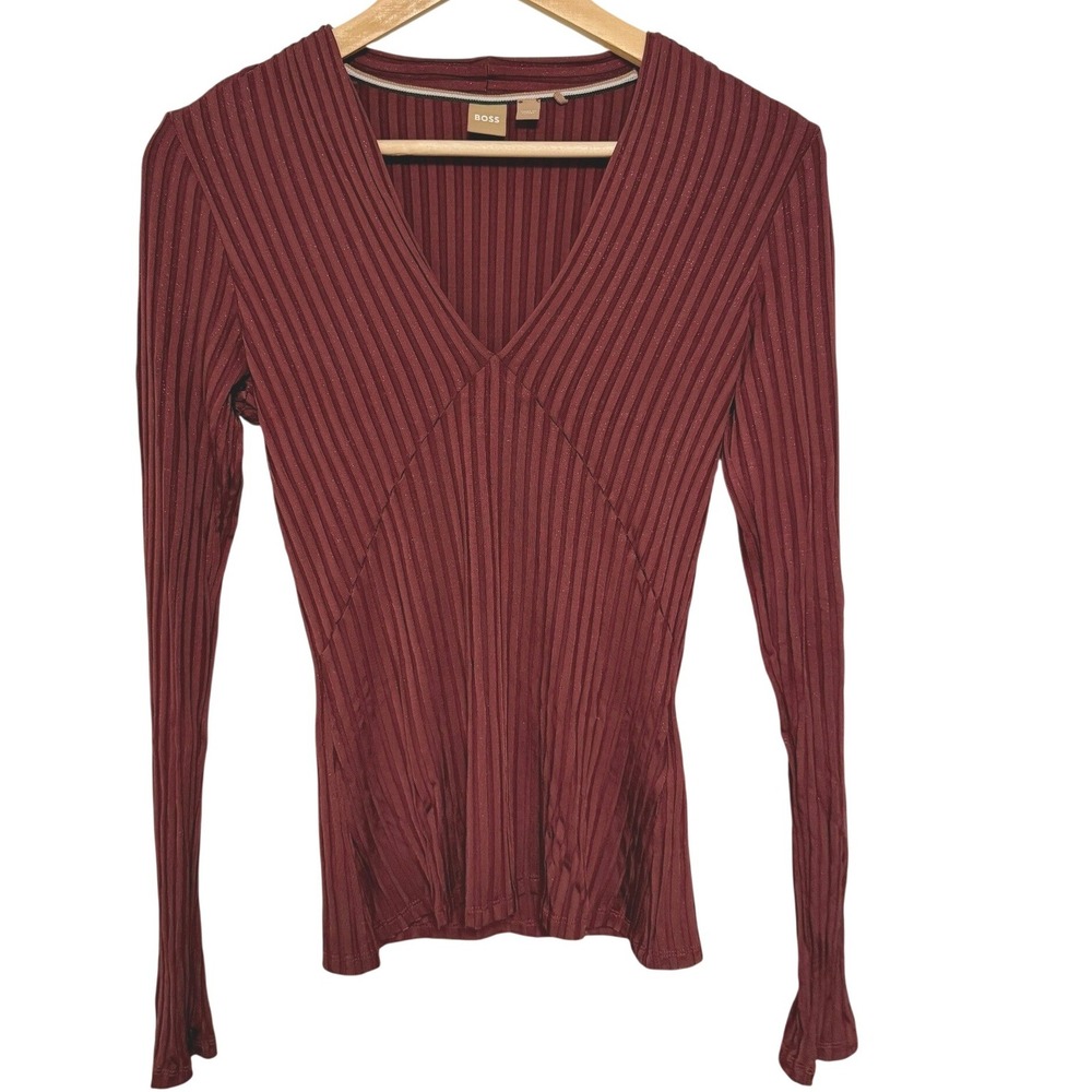 BOSS Long Sleeve Top XS Burgundy Ribbed Knit Metallic Shimmer V-Neck